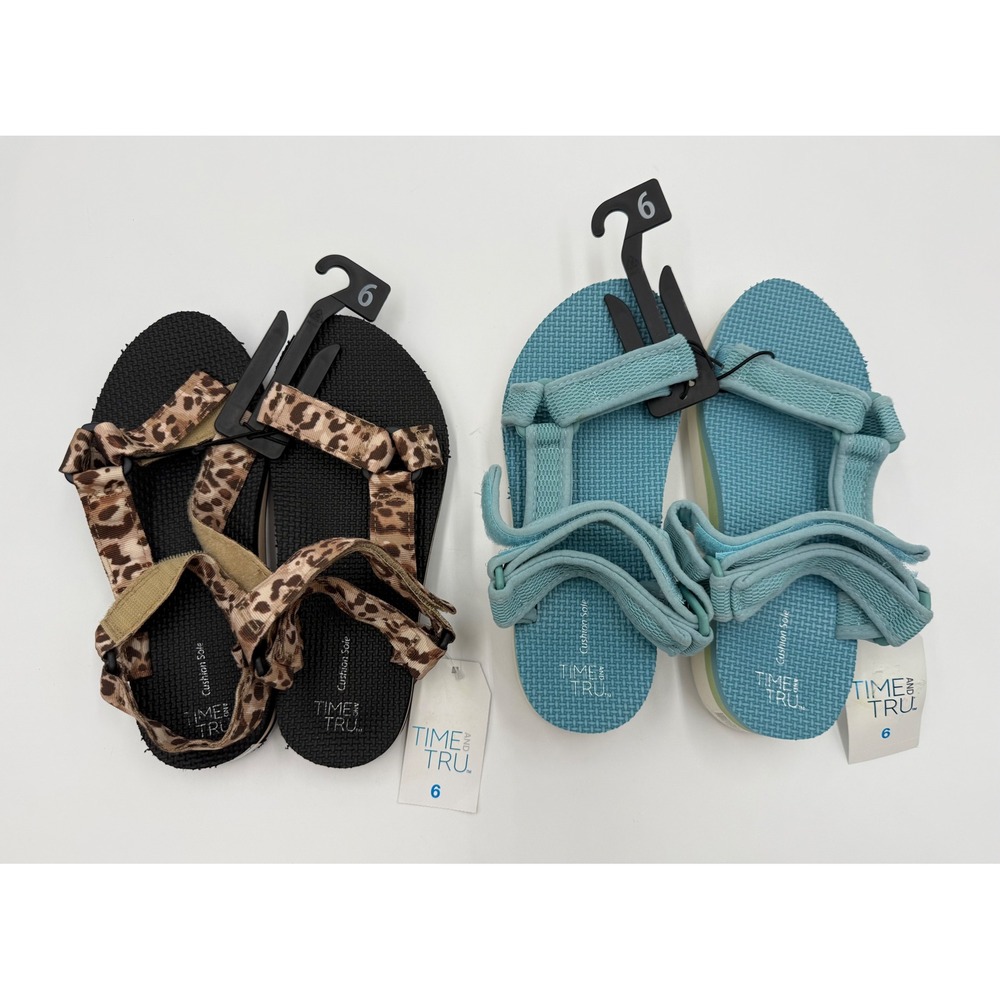 Time & Tru Womens Sport Sandals Size 6 Leopard Print & Aqua Blue 2 Pair Lot NWT